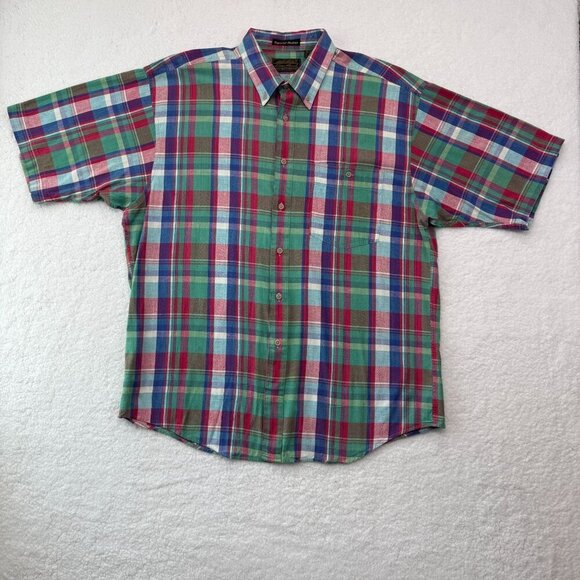VTG 1980s Eddie Bauer Superior Madras Plaid Button Up Shirt SS Mens XL Preppy - Picture 7 of 13